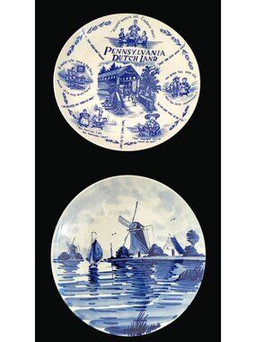 Pennsylvania Dutch Land & Delft Blue Windmill Decorative Plates 1206